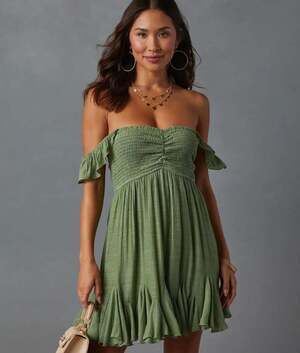 Green Fairy Aakaa Smocked Ruffle Hem Mini Dress Size Large